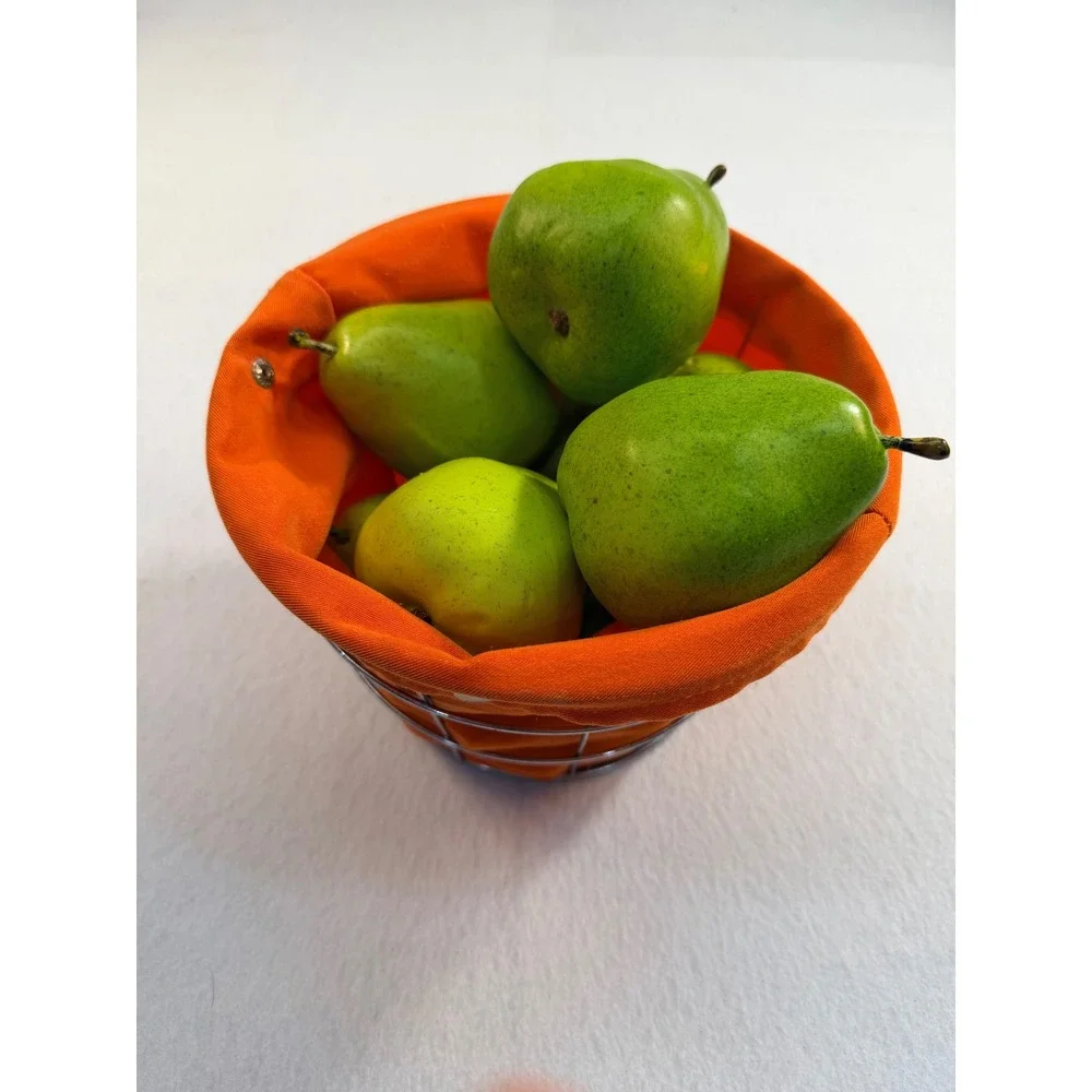 Modern Chrome Wire Basket with Orange Liner and 8 Artificial Green Pears Set
